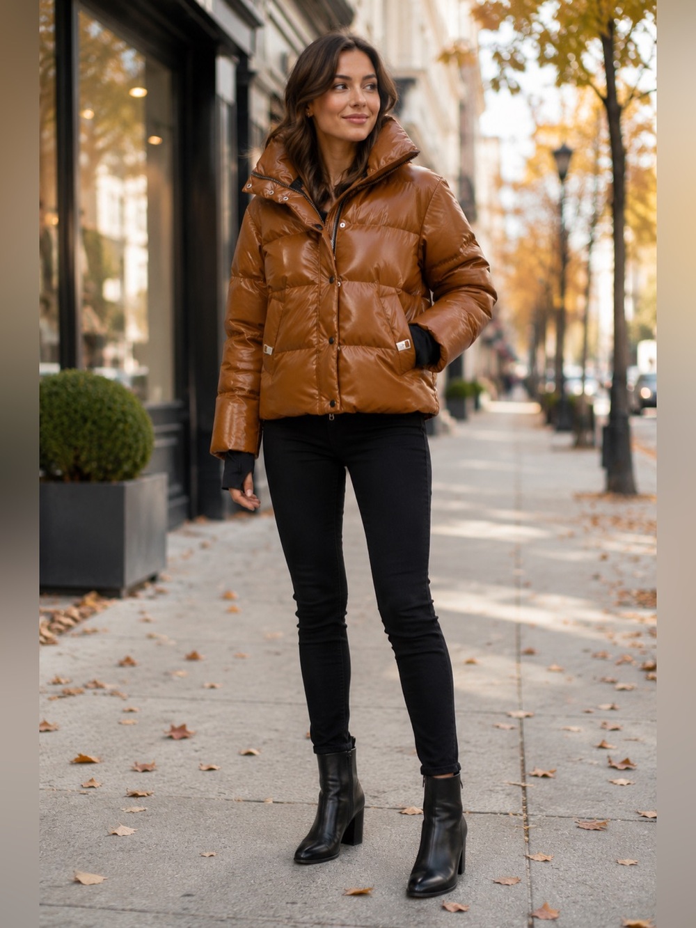 SAM. Isabel Vegan Down Puffer Jacket Faux Leather Stowaway Hood Saddle Brown XS